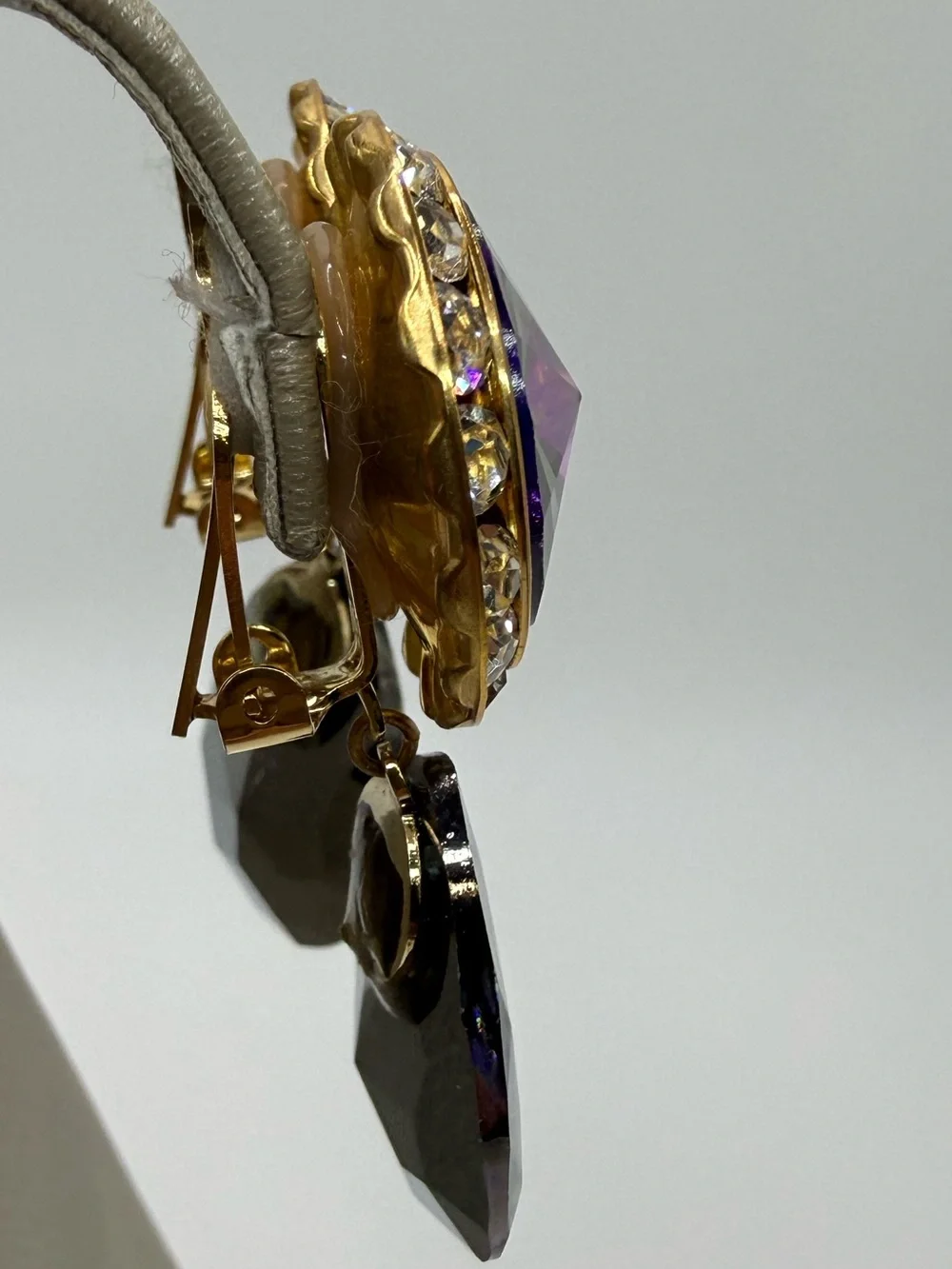Vintage Purple Rivoli Crystal Rhinestone Teardrop Clip On Earrings 2.25”